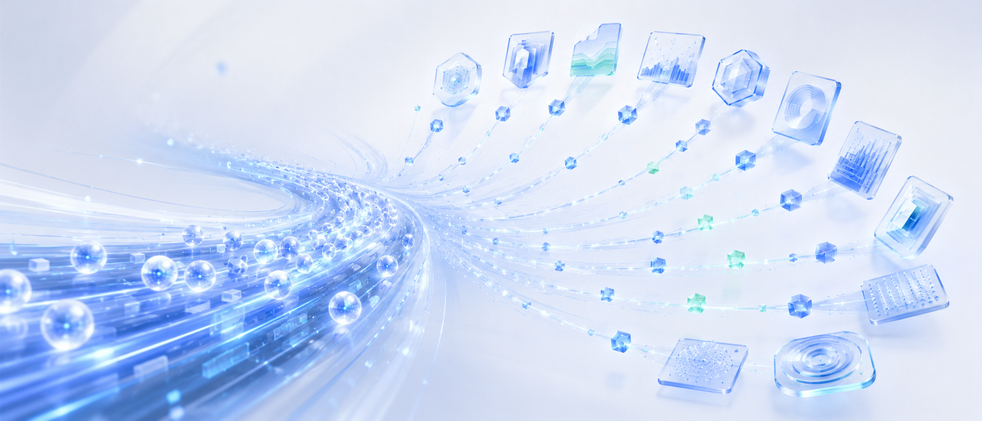 High-speed data highway feeding a fan-out of tool icons, symbolising an MCP server for AI agents