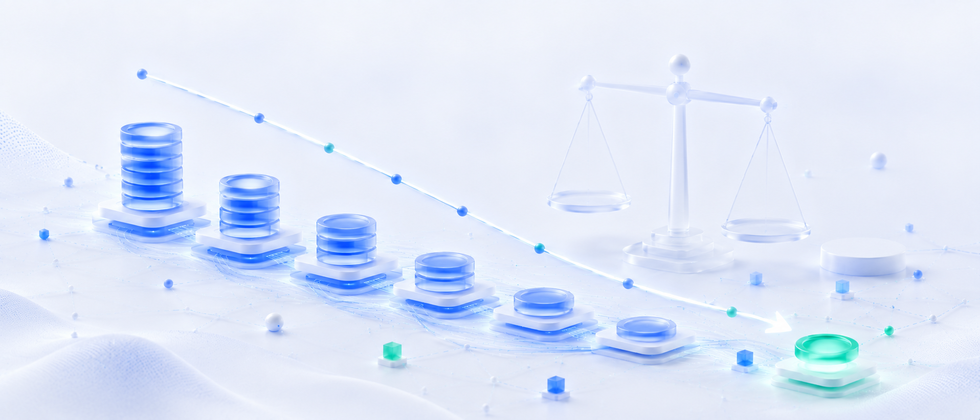 Descending stacks of coins next to a balance scale representing cost comparison