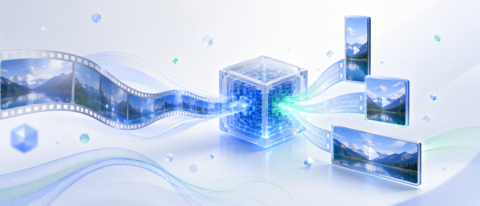 Video film strip flowing into a processing cube and out to mobile screens, illustrating server-side transcoding