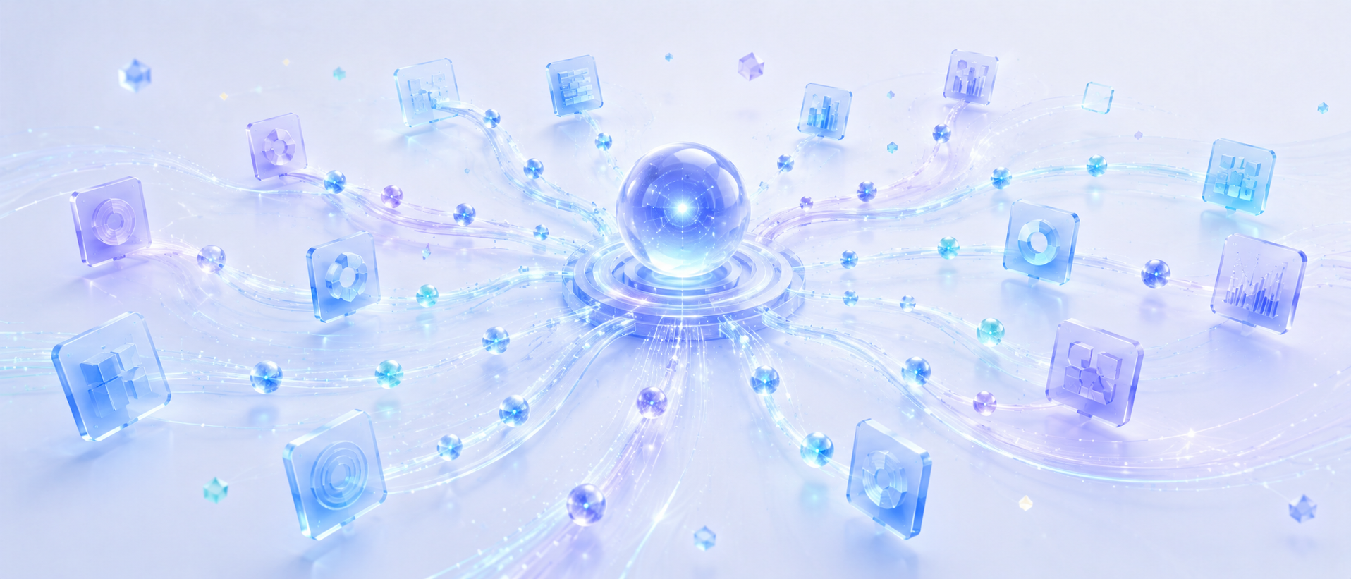 Central AI orchestration hub connected to analytics and workflow tool panels