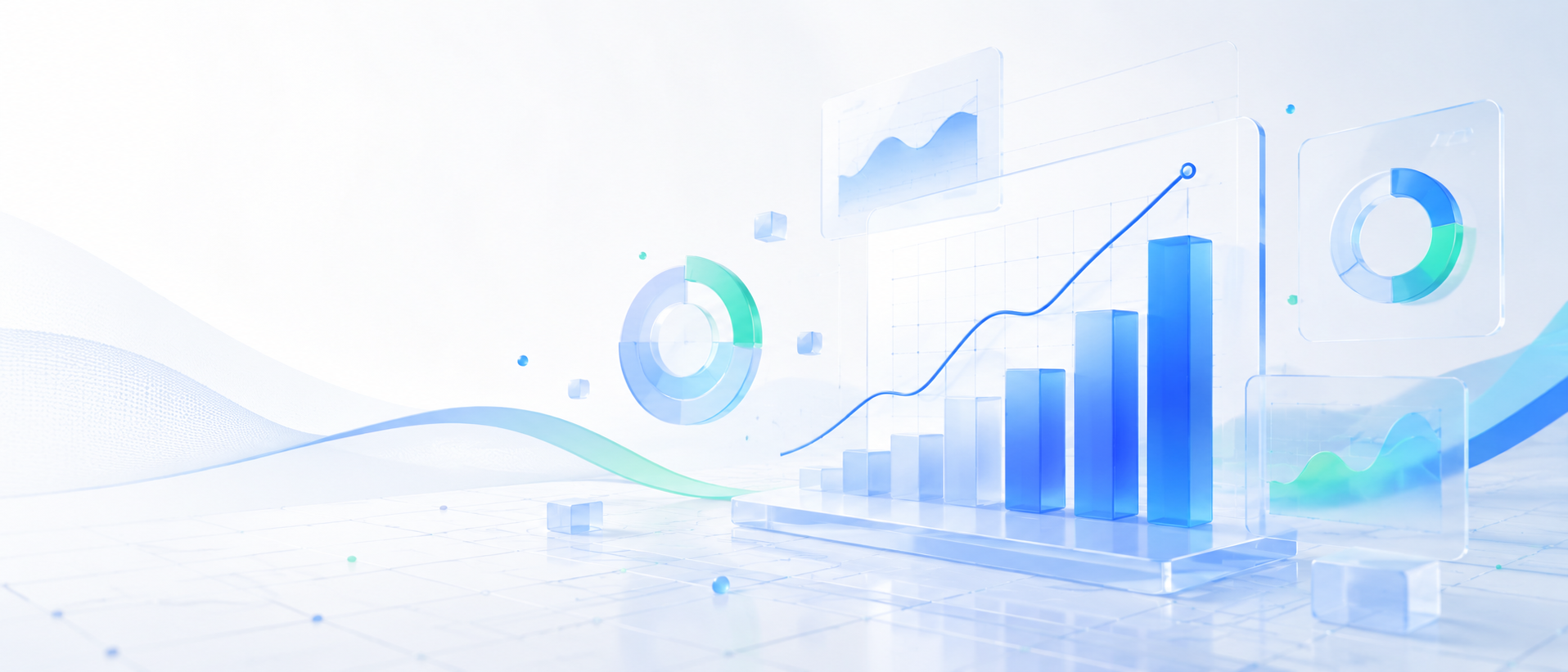 Rising bar and line chart with donut analytics widgets on a light dashboard